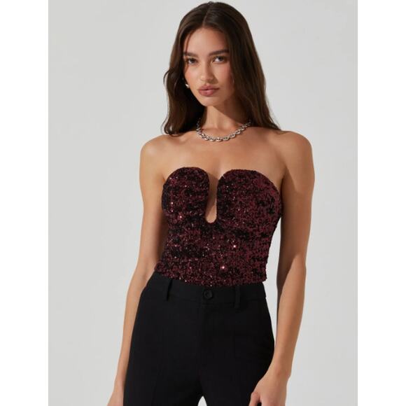 ASTR The Label Arista Wine Red Strapless Sweetheart Sequin Crop Top Size XS - Picture 1 of 6